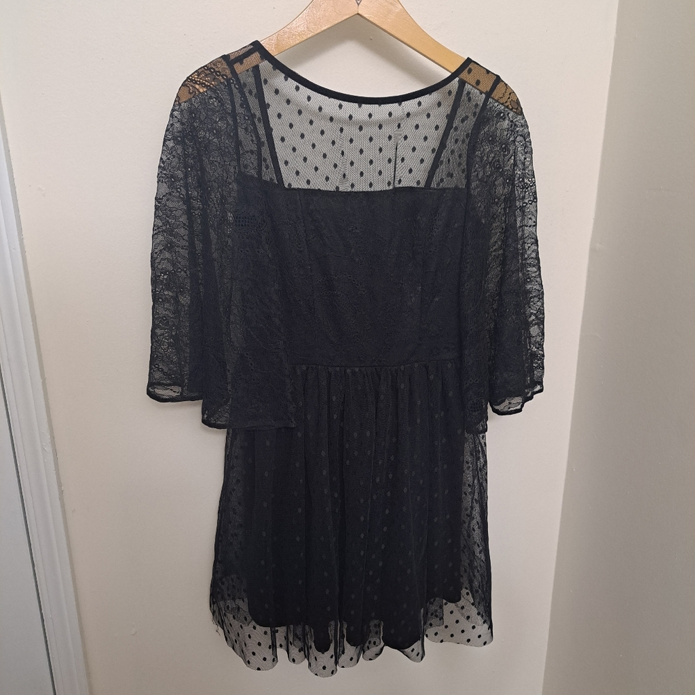Asos Womens mesh lace black polkadot mini dress bell sleeve Grunge Goth size 6.